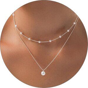 Pearl Necklace for Women Trendy 14K Gold Plated Dainty Pearl Pendant Choker Set